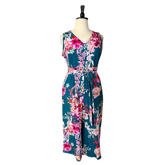 Beige by ECI Jumpsuit V-neck Sleeveless Crop Tie Waist Teal Pink Floral Size XL - Picture 1 of 14